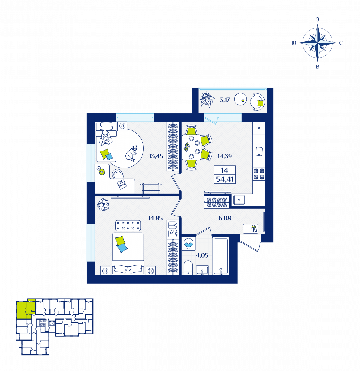 Квартира №14, 2-комнатная, 54.41 м², 2 этаж - планировка, ЖК «Речной квартал» Дом 2
