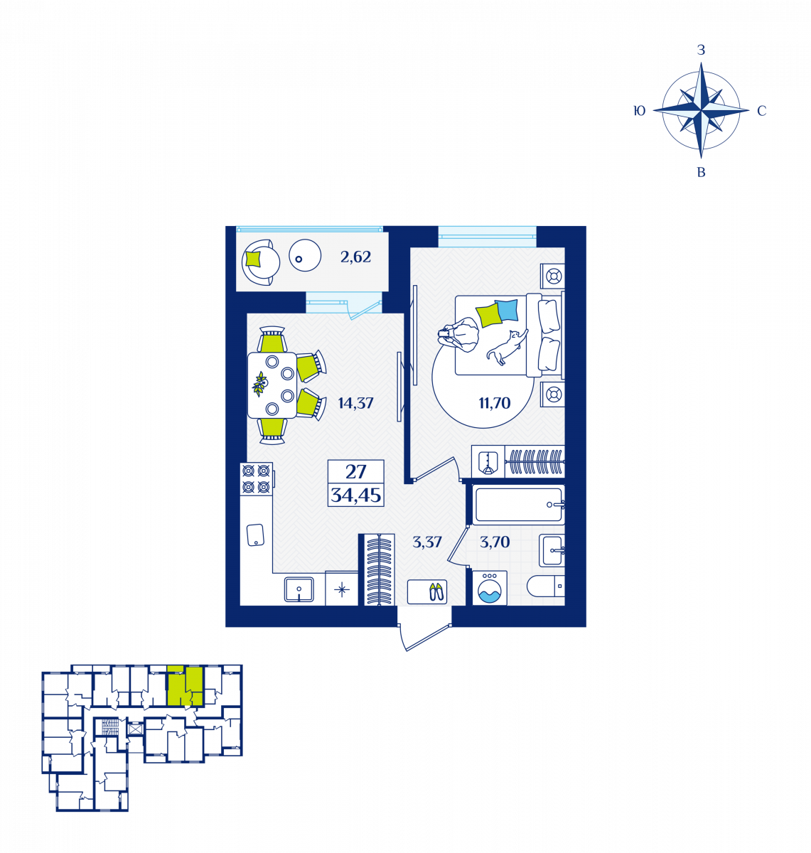 Квартира №27, 1-комнатная, 34.45 м², 3 этаж - планировка, ЖК «Речной квартал» Дом 2