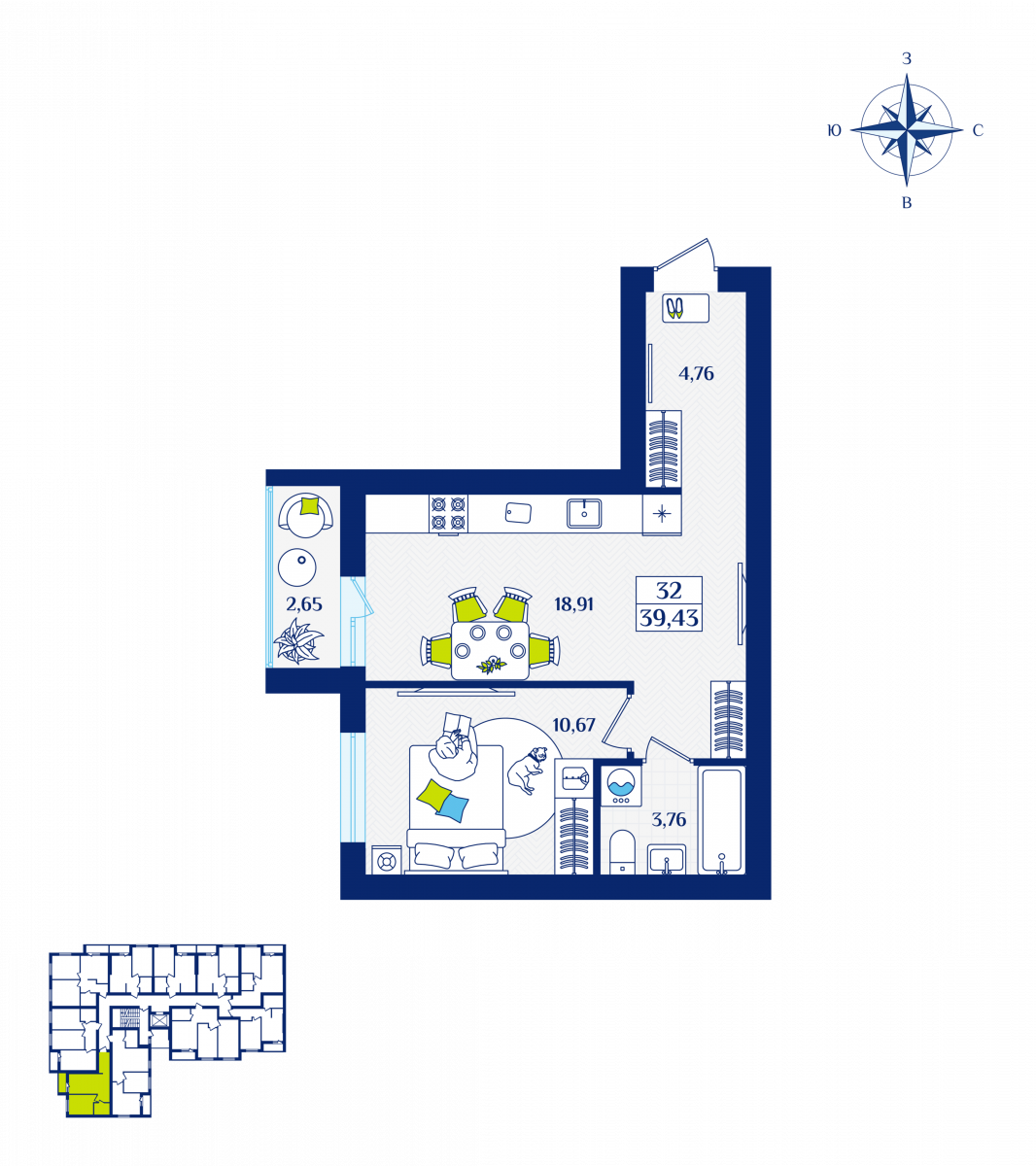 Квартира №32, 1-комнатная, 39.43 м², 4 этаж - планировка, ЖК «Речной квартал» Дом 2