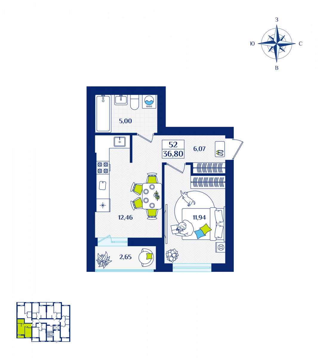 Квартира №52, 1-комнатная, 36.8 м², 1 этаж - планировка, ЖК «Речной квартал» Дом 2