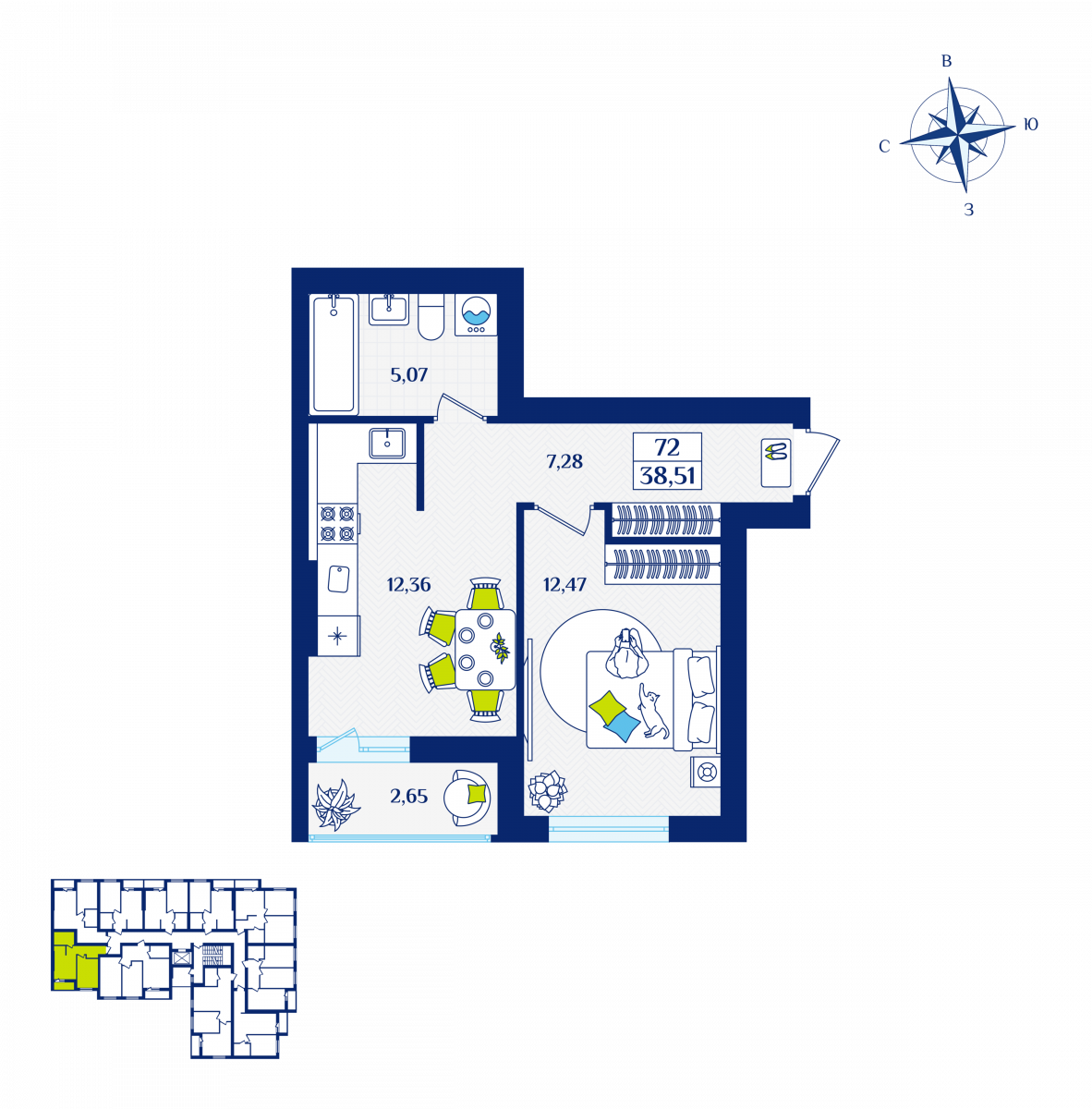 Квартира №72, 1-комнатная, 38.51 м², 3 этаж - планировка, ЖК «Речной квартал» Дом 3