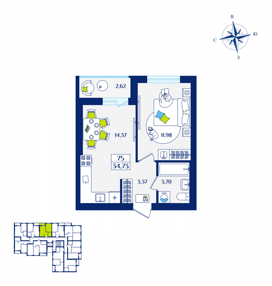 Квартира №75, 1-комнатная, 34.73 м², 3 этаж - планировка, ЖК «Речной квартал» Дом 3