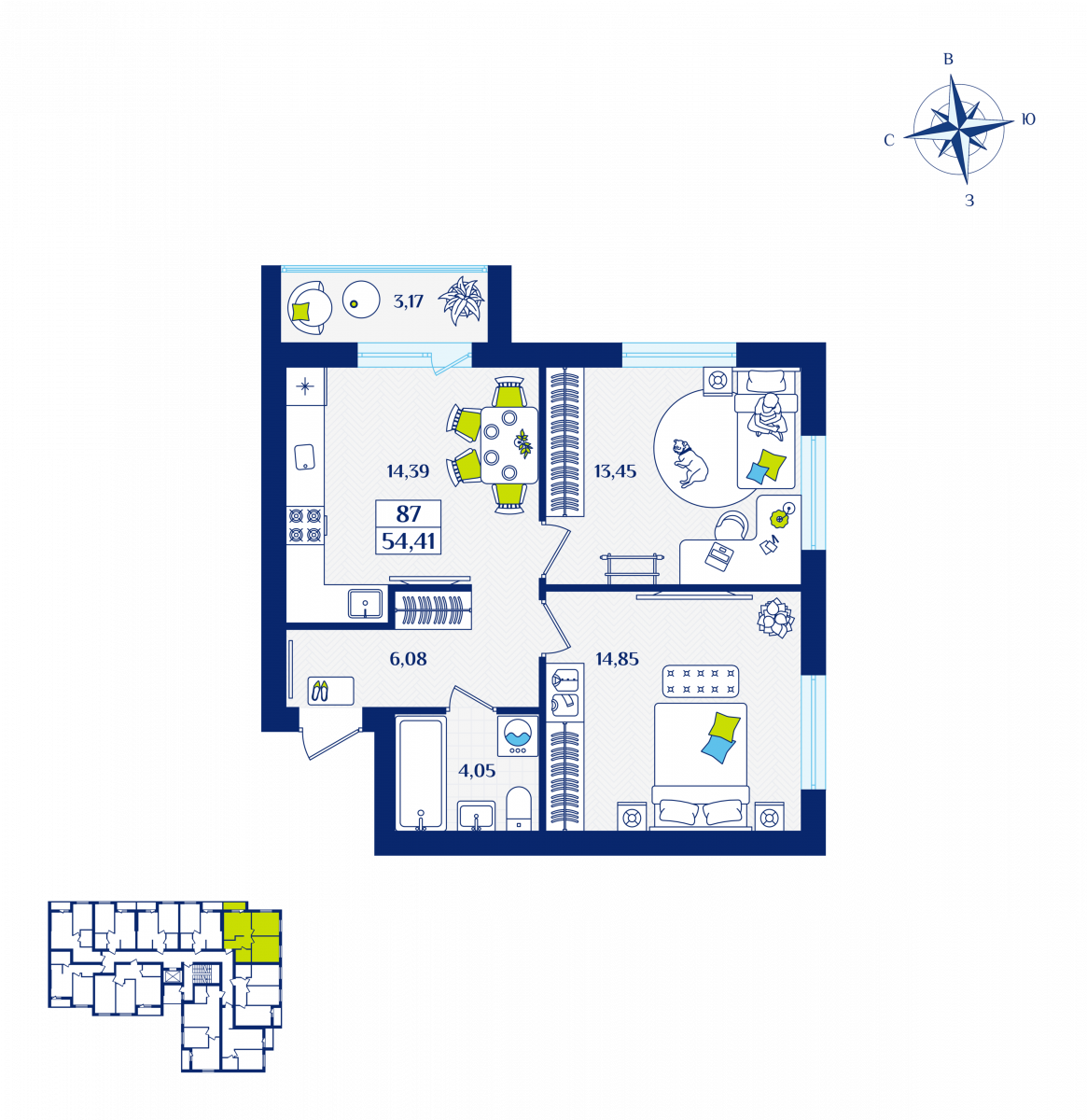 Квартира №87, 2-комнатная, 54.41 м², 4 этаж - планировка, ЖК «Речной квартал» Дом 3