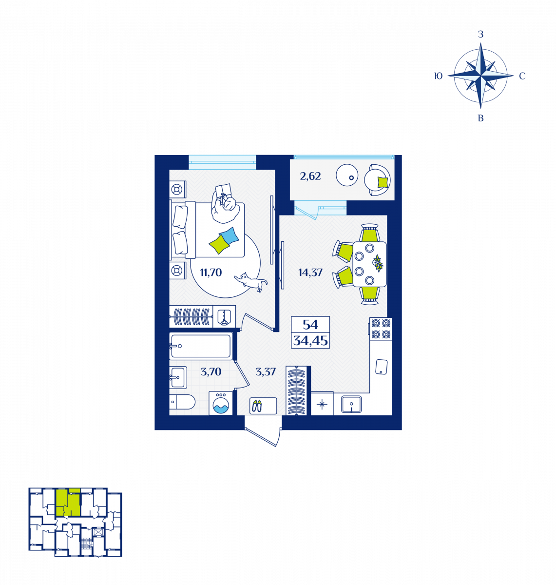 Квартира №54, 1-комнатная, 34.45 м², 1 этаж - планировка, ЖК «Речной квартал» Дом 2