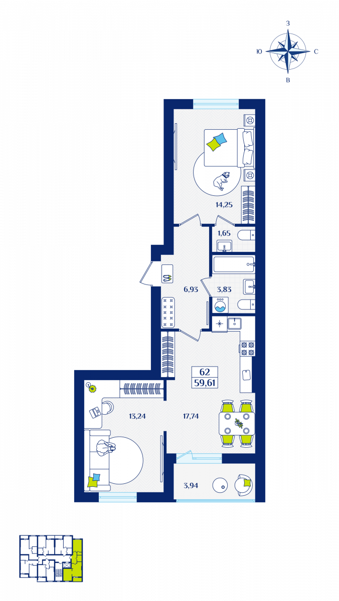 Квартира №62, 2-комнатная, 59.61 м², 2 этаж - планировка, ЖК «Речной квартал» Дом 2