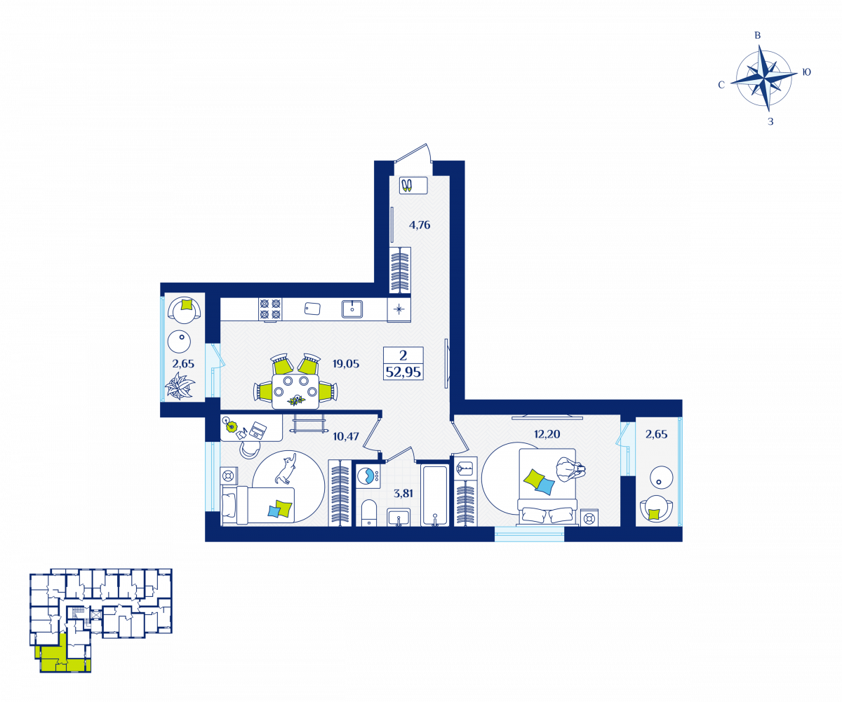 Квартира №2, 2-комнатная, 52.95 м², 1 этаж - планировка, ЖК «Речной квартал» Дом 5