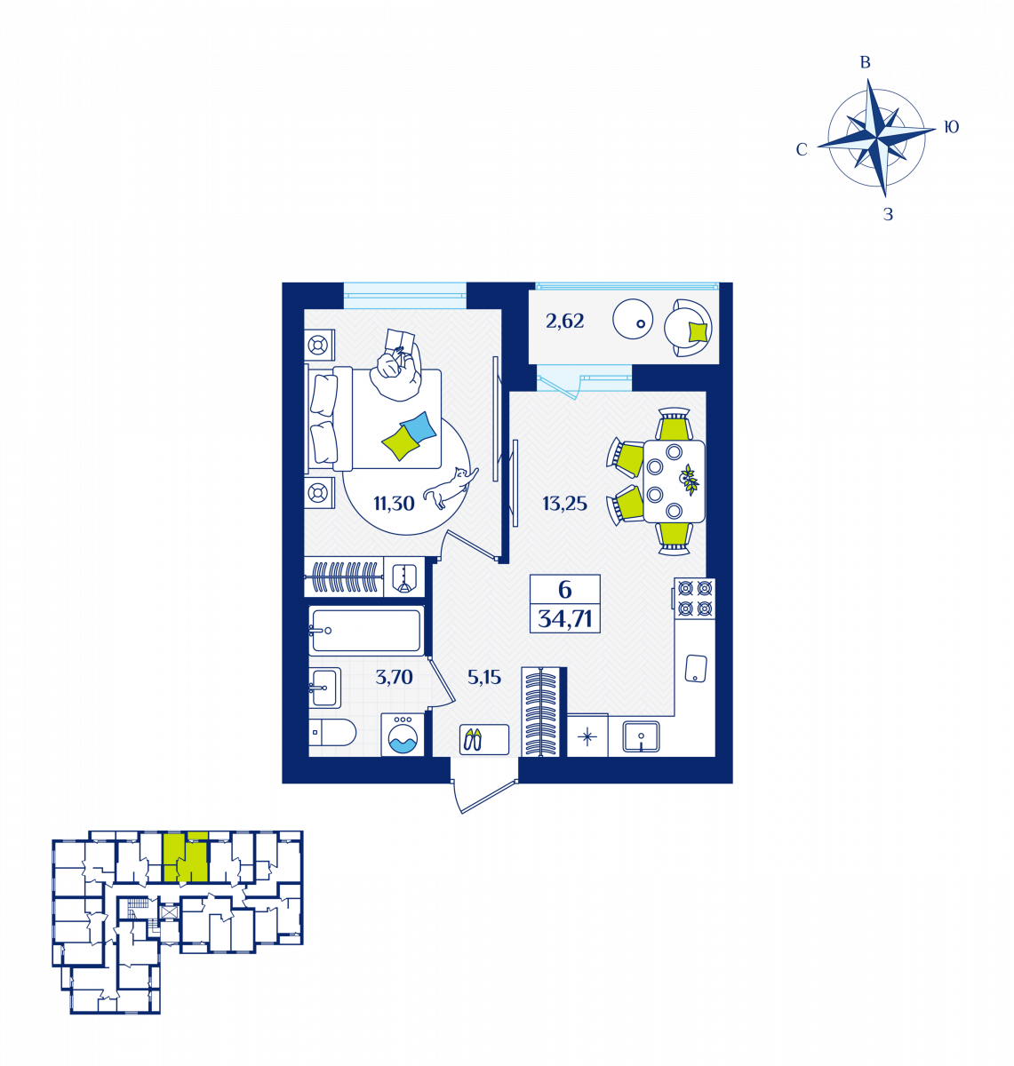 Квартира №6, 1-комнатная, 34.71 м², 1 этаж - планировка, ЖК «Речной квартал» Дом 5