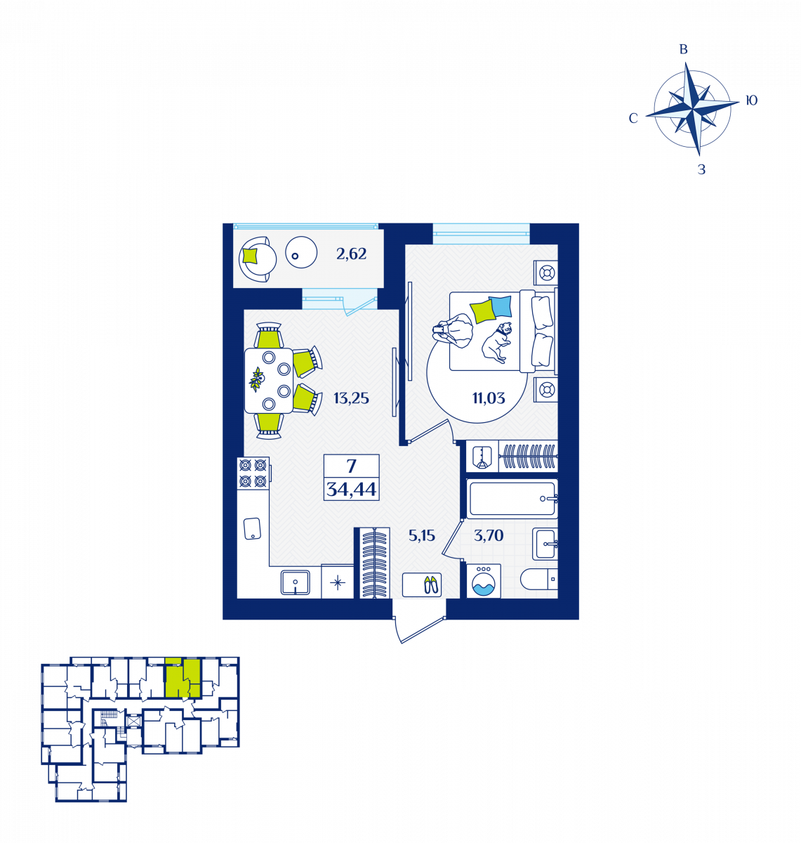 Квартира №7, 1-комнатная, 34.44 м², 1 этаж - планировка, ЖК «Речной квартал» Дом 5