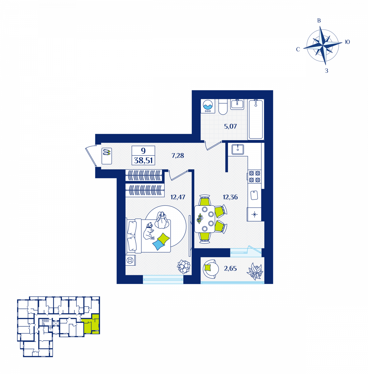 Квартира №9, 1-комнатная, 38.51 м², 1 этаж - планировка, ЖК «Речной квартал» Дом 5
