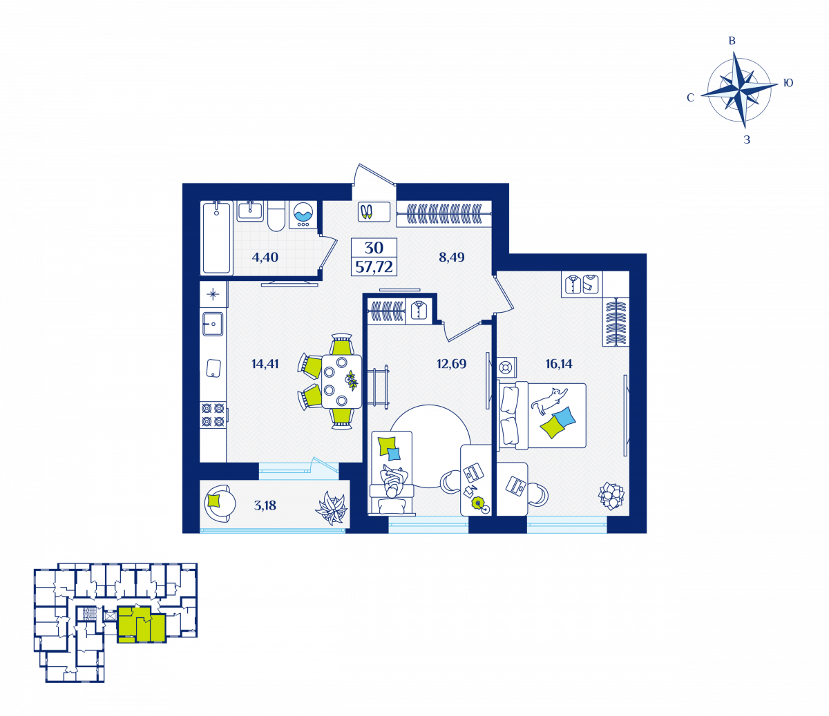 Квартира №30, 2-комнатная, 57.72 м², 3 этаж - планировка, ЖК «Речной квартал» Дом 5