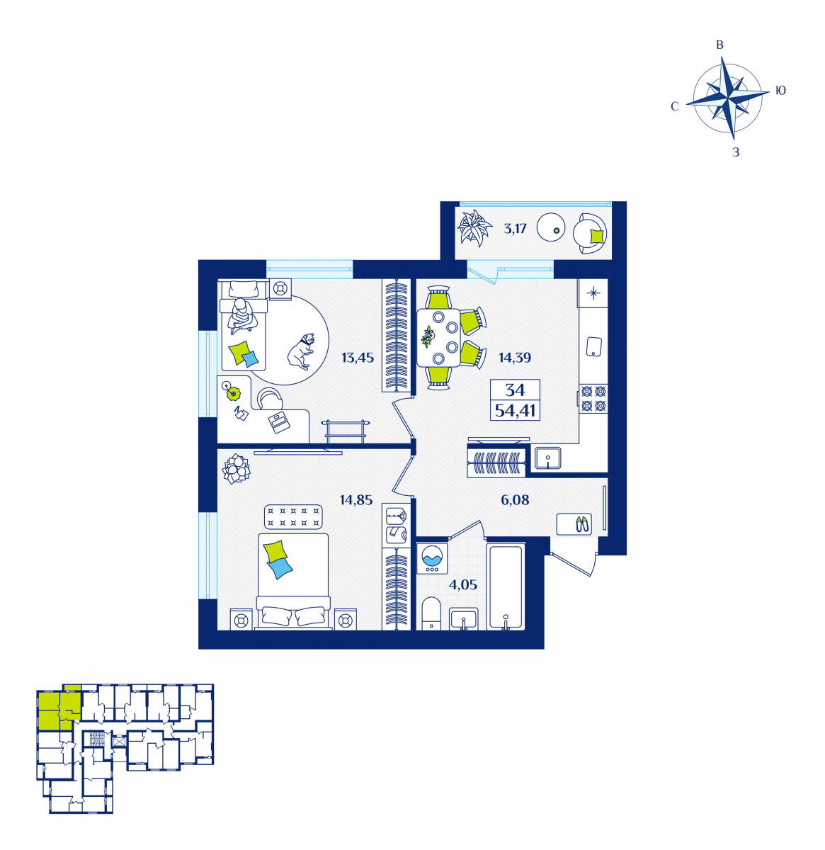 Квартира №34, 2-комнатная, 54.41 м², 4 этаж - планировка, ЖК «Речной квартал» Дом 5