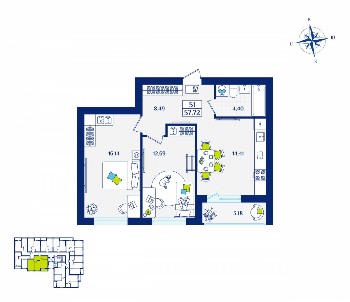 Квартира №51, 2-комнатная, 57.72 м², 1 этаж - планировка, ЖК «Речной квартал» Дом 5