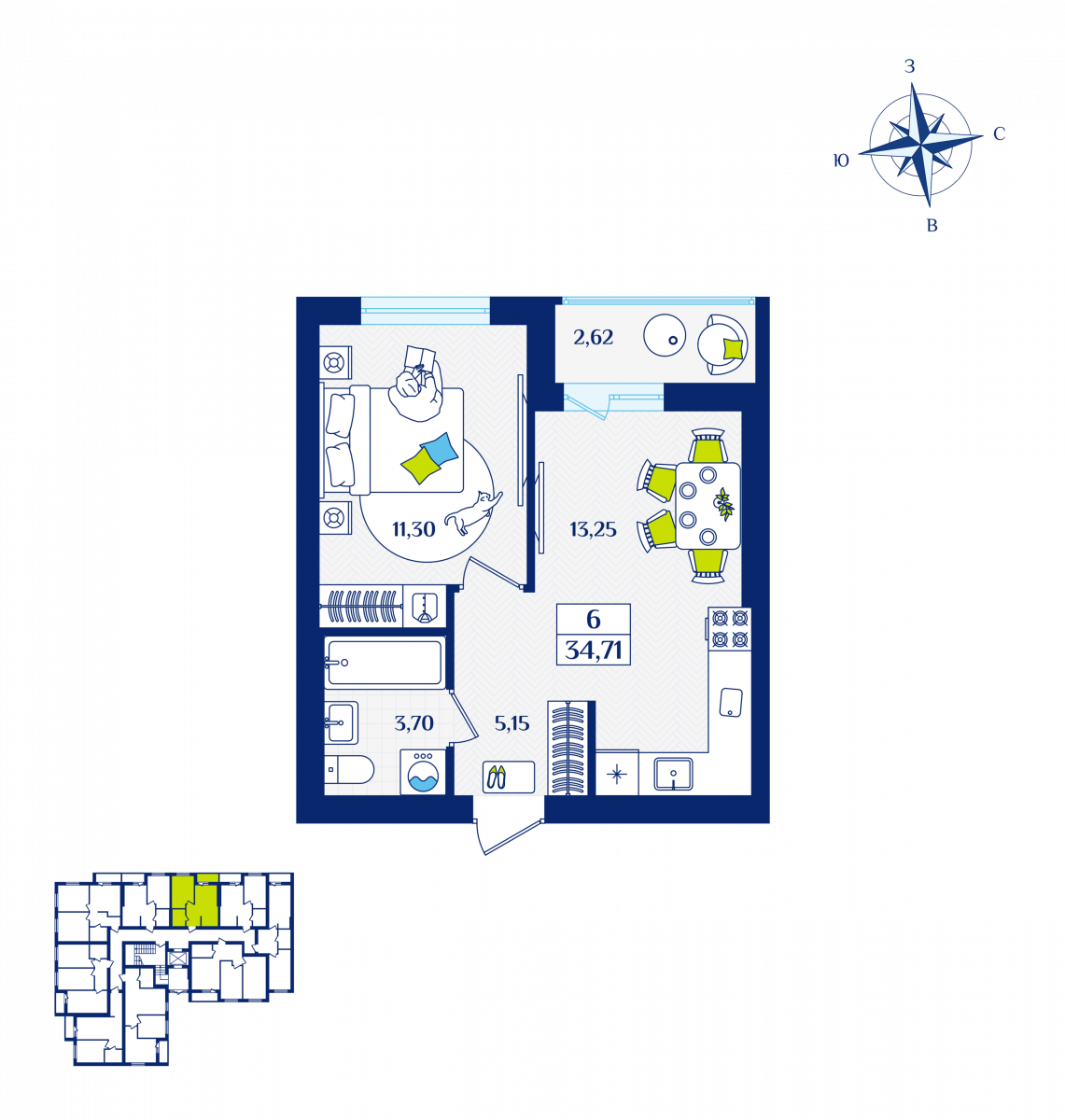 Квартира №6, 1-комнатная, 34.71 м², 1 этаж - планировка, ЖК «Речной квартал» Дом 6