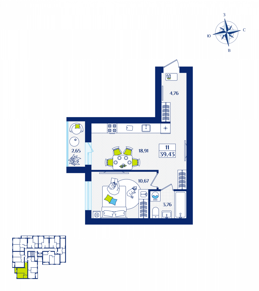 Квартира №11, 1-комнатная, 39.43 м², 2 этаж - планировка, ЖК «Речной квартал» Дом 6