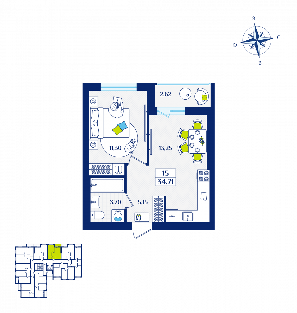 Квартира №15, 1-комнатная, 34.71 м², 2 этаж - планировка, ЖК «Речной квартал» Дом 6