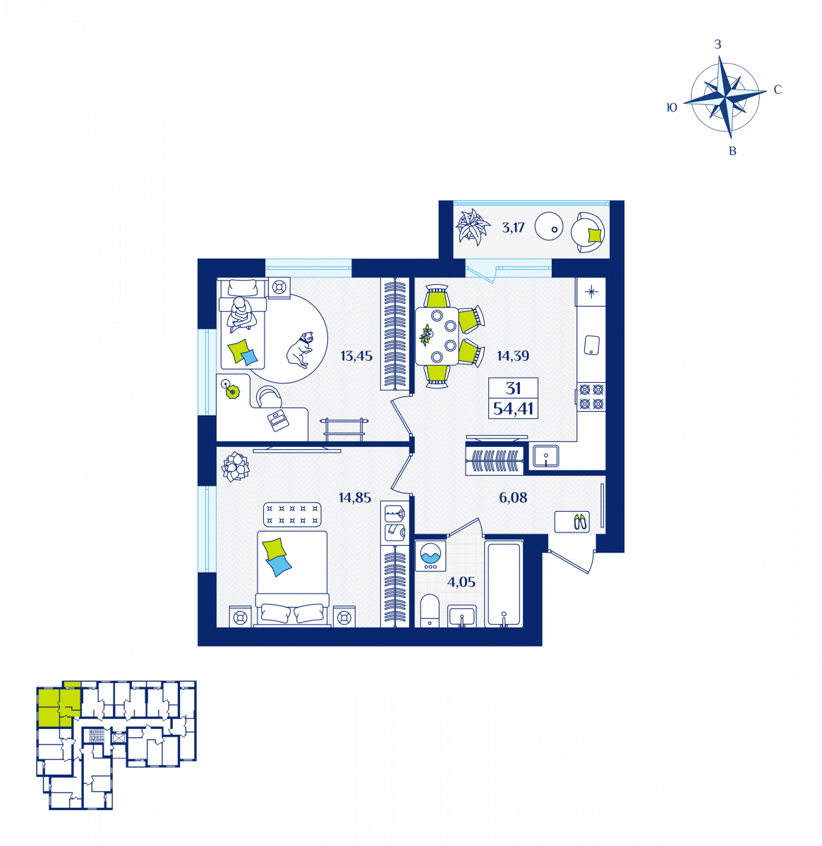 Квартира №31, 2-комнатная, 54.41 м², 4 этаж - планировка, ЖК «Речной квартал» Дом 6