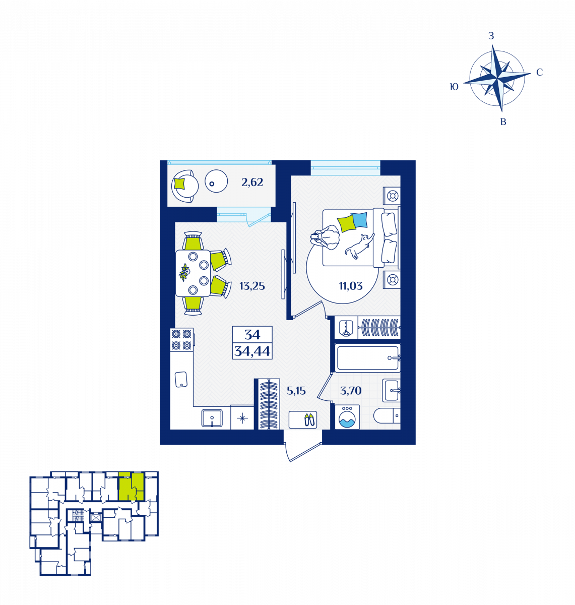 Квартира №34, 1-комнатная, 34.44 м², 4 этаж - планировка, ЖК «Речной квартал» Дом 6