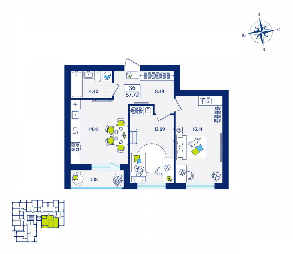 Квартира №36, 2-комнатная, 57.72 м², 4 этаж - планировка, ЖК «Речной квартал» Дом 6