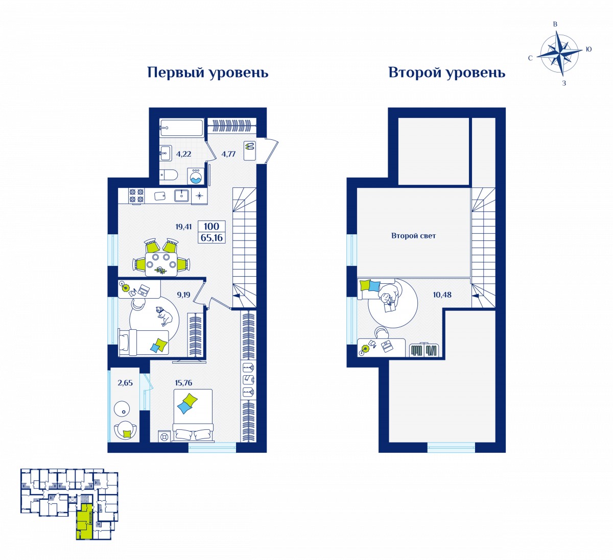 Квартира №100, 2-комнатная, 65.16 м², 5 этаж - планировка, ЖК «Речной квартал» Дом 5