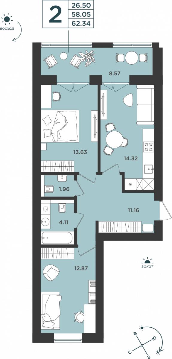 Квартира №9, 2-комнатная, 62.34 м², 3 этаж - планировка, ЖК «Морская палитра», дом №2