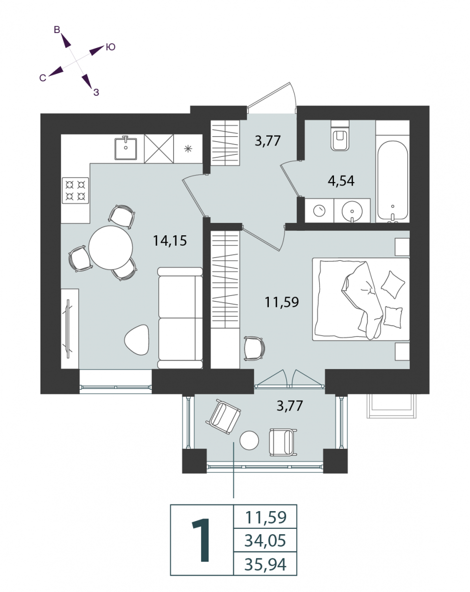 Квартира №41, 1-комнатная, 35.94 м², 5 этаж - планировка, ЖК «Морская палитра», дом №2