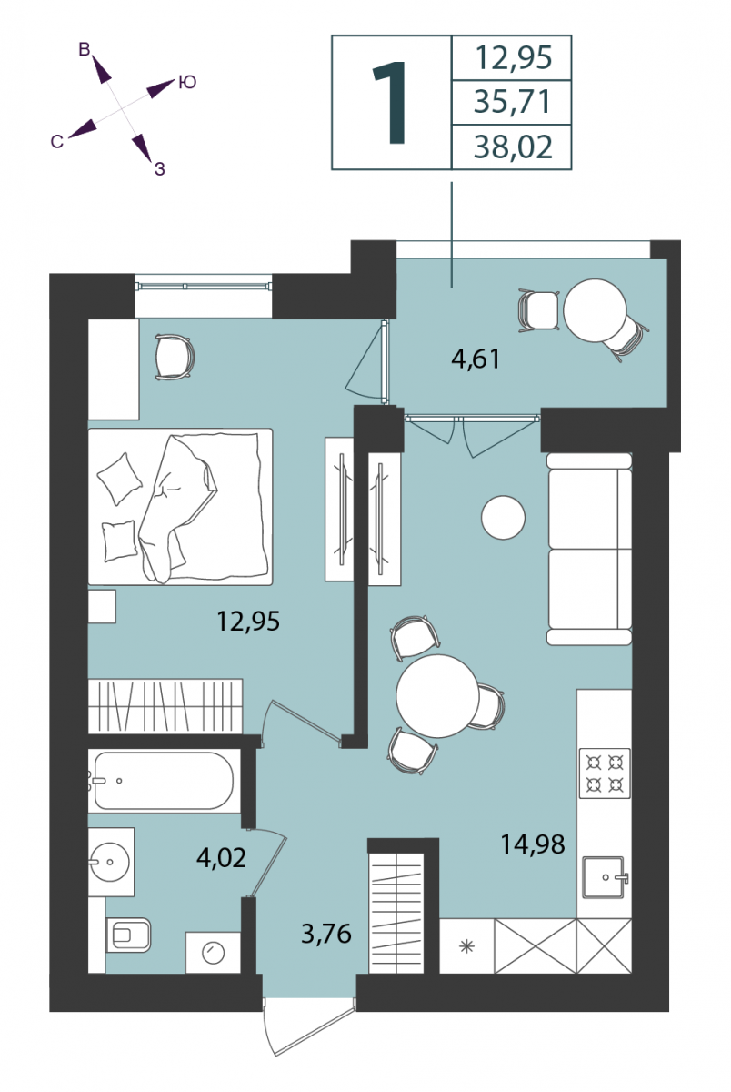 Квартира №79, 1-комнатная, 38.02 м², 5 этаж - планировка, ЖК «Морская палитра», дом №2