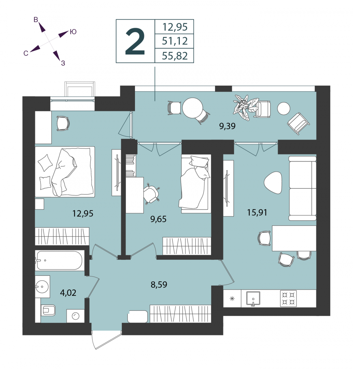 Квартира №49, 2-комнатная, 55.82 м², 1 этаж - планировка, ЖК «Морская палитра», дом №2