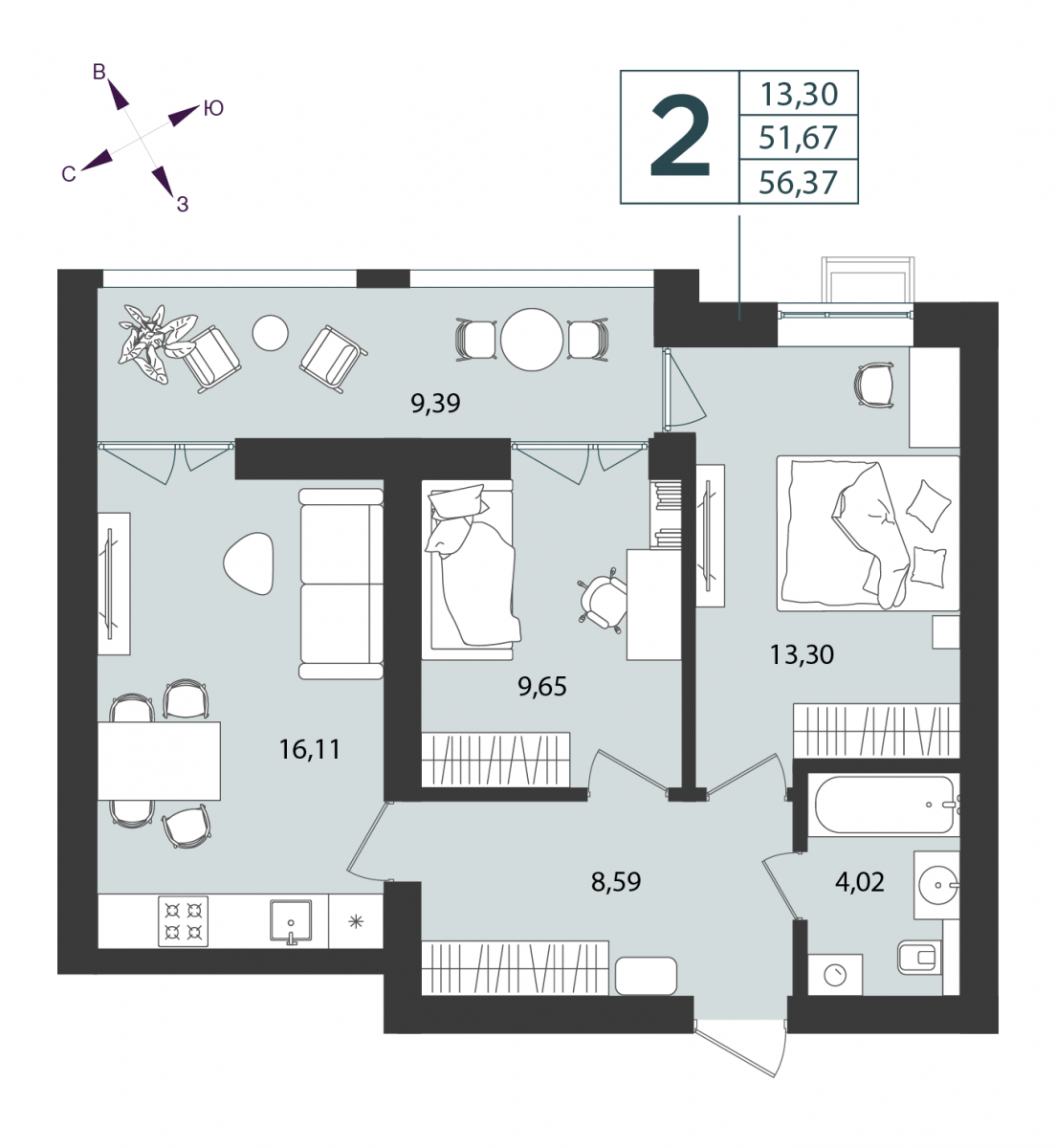Квартира №46, 2-комнатная, 56.37 м², 1 этаж - планировка, ЖК «Морская палитра», дом №2