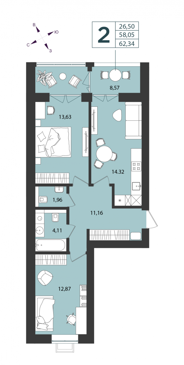 Квартира №37, 2-комнатная, 62.34 м², 4 этаж - планировка, ЖК «Морская палитра», дом №2