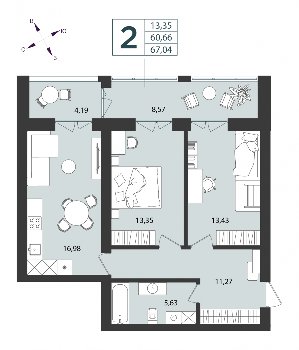 Квартира №23, 2-комнатная, 67.04 м², 1 этаж - планировка, ЖК «Морская палитра», дом №2