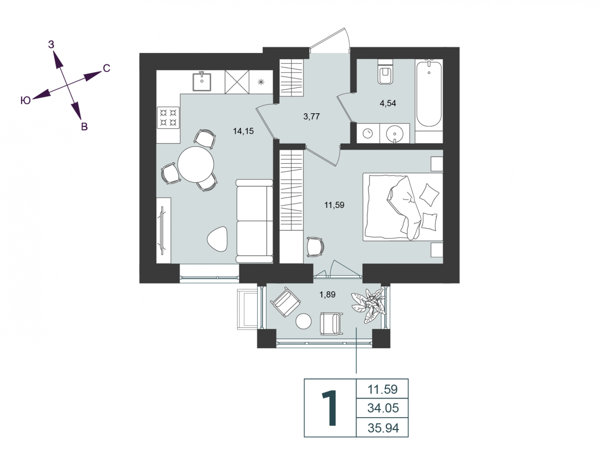 1 комнатная квартира 35,94 м², ЖК «Морская палитра», дом №3 / 1 этаж, г. Пионерский - фото 1