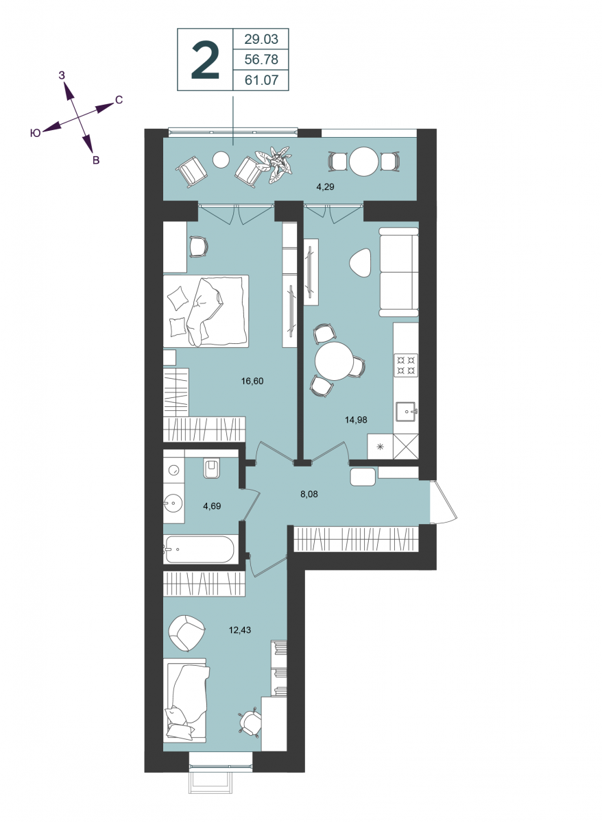2-х комнатная квартира 61,07 м², ЖК «Морская палитра», дом №3 / 1 этаж, г. Пионерский - фото 1