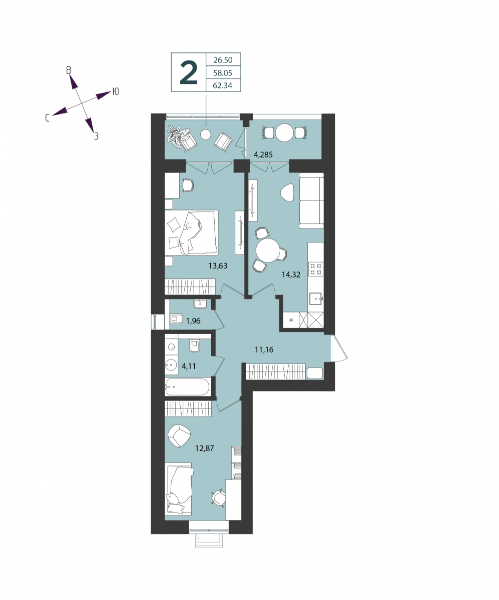 Квартира №7, 2-комнатная, 62.34 м², 2 этаж - планировка, Дом №4