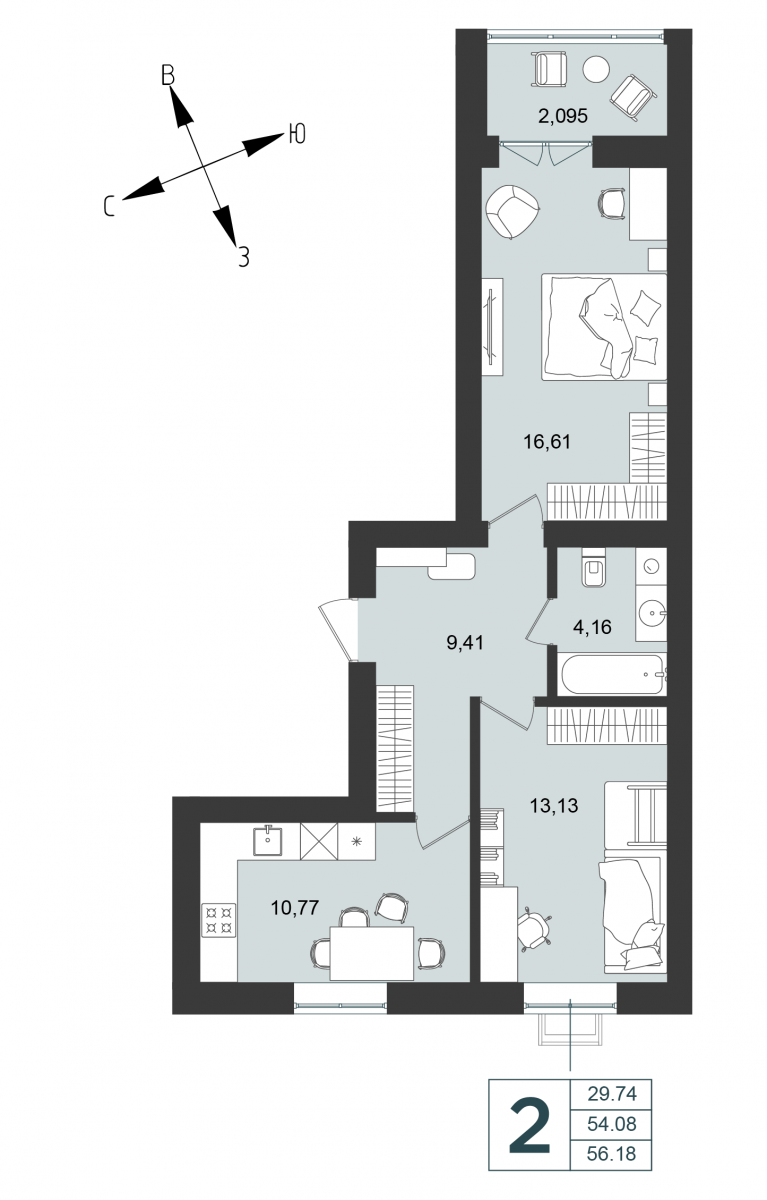 Квартира №10, 2-комнатная, 56.18 м², 2 этаж - планировка, Дом №4