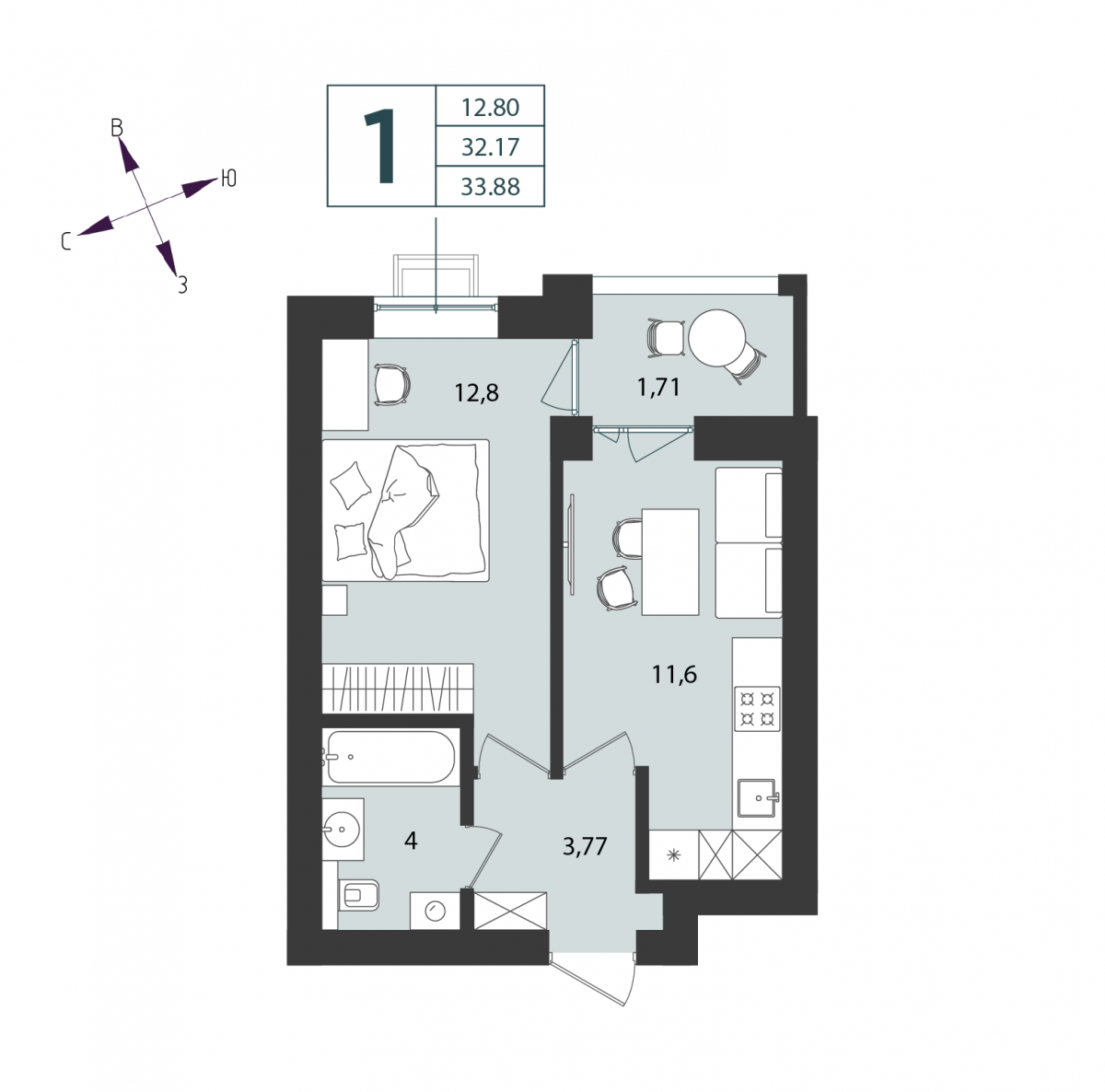 Квартира №13, 1-комнатная, 33.93 м², 3 этаж - планировка, Дом №4