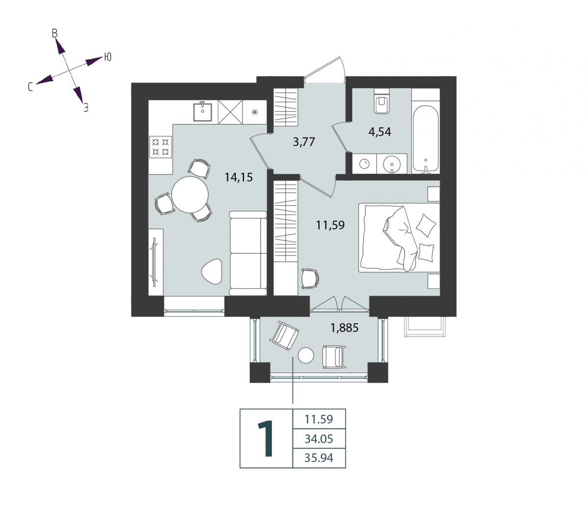 Квартира №16, 1-комнатная, 35.94 м², 4 этаж - планировка, Дом №4