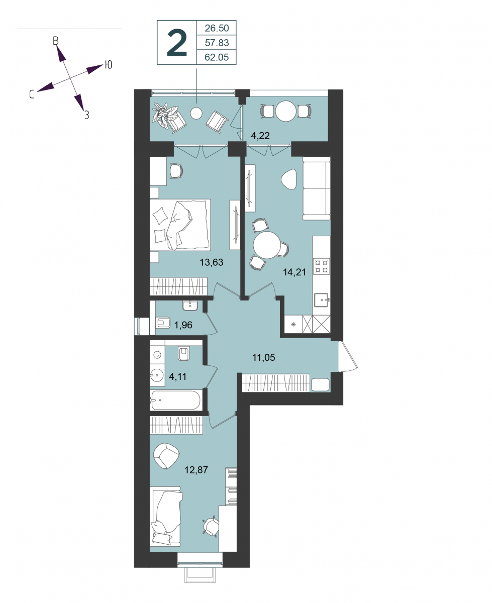 Квартира №22, 2-комнатная, 62.05 м², 5 этаж - планировка, Дом №4